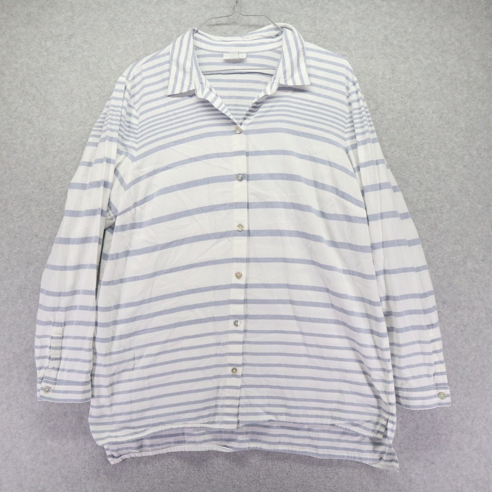 J Jill Shirt Top Womens Medium Casual Collared Button Up White Blue Long Sleeve